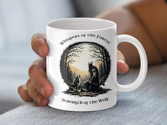 Wolf and Forest Illustration Coffee Mug, Black and White Nature Themed Drinkware, Unique Wildlife Art Cup Gift