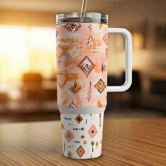 Southwestern Style Travel Mug, Insulated Coffee Cup with Tribal Patterns and Warm Colors, Unique Drinkware Gift