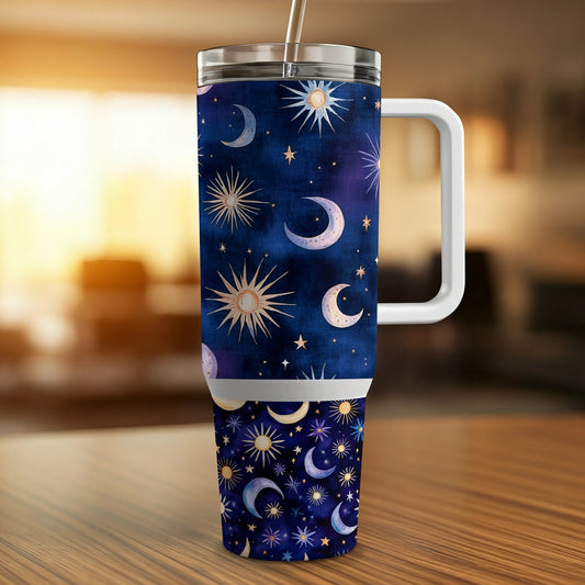 Celestial Tumbler, Moon and Stars Insulated Travel Mug, Stainless Steel Coffee Cup with Lid, 20 oz