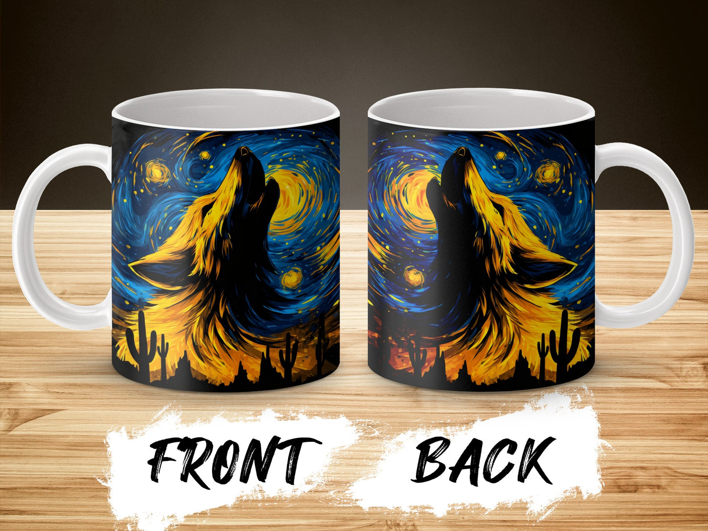 Wolf Howling Starry Night Coffee Mug, Van Gogh Inspired Artistic Drinkware, Unique Wildlife Themed Kitchen Decor