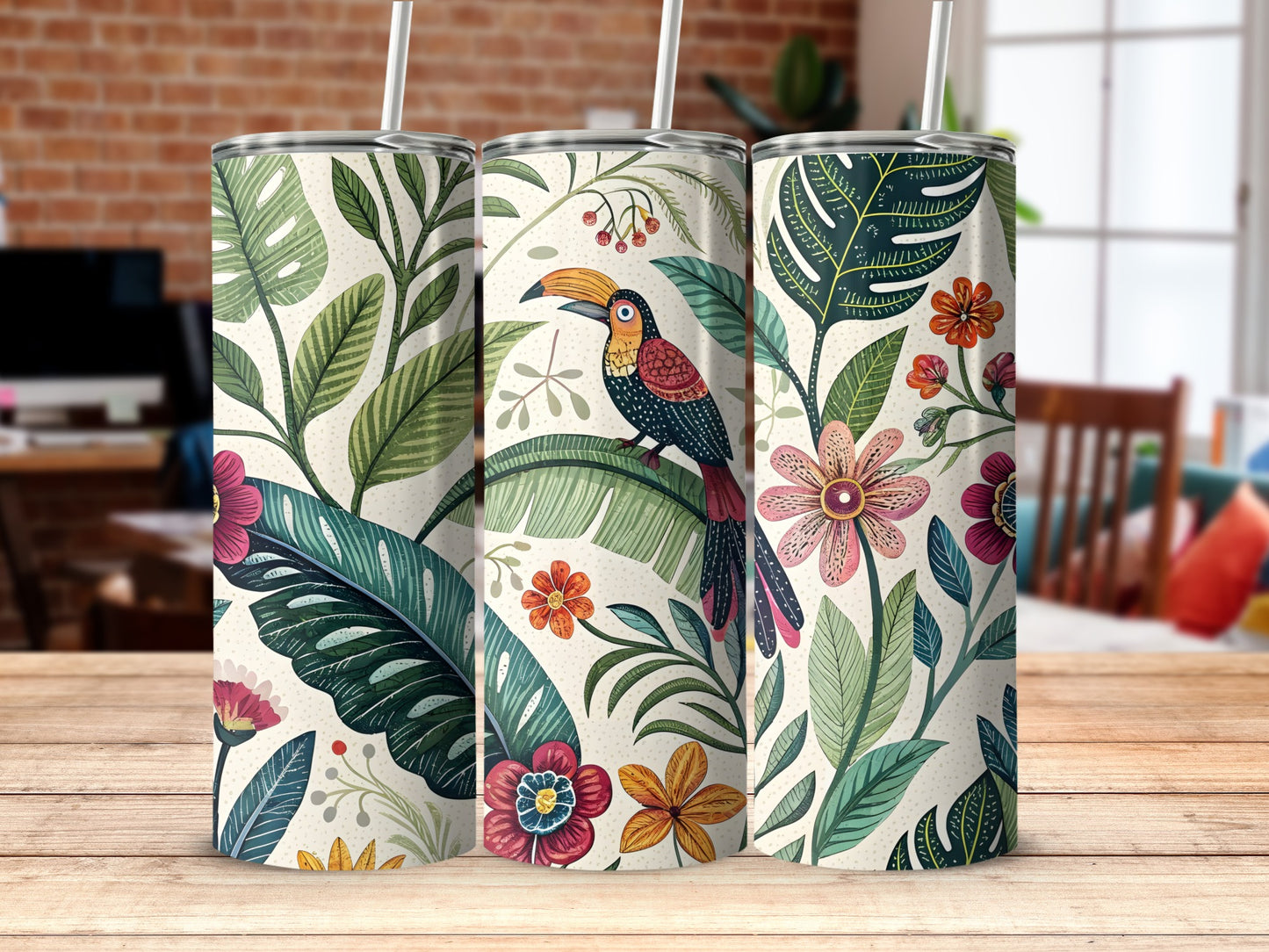 Tropical Floral and Toucan Print Tumbler Drinkware Product