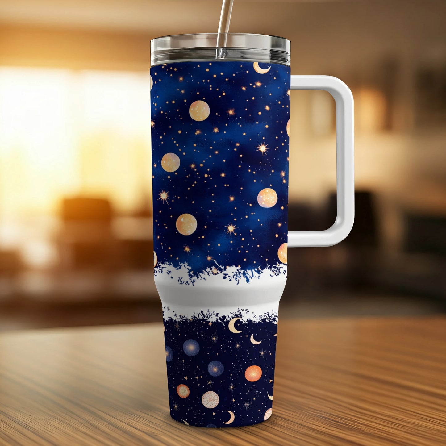 Insulated Travel Mug, Starry Night Sky Design, Stainless Steel Tumbler with Straw, Celestial Coffee Cup, Unique Gift Idea