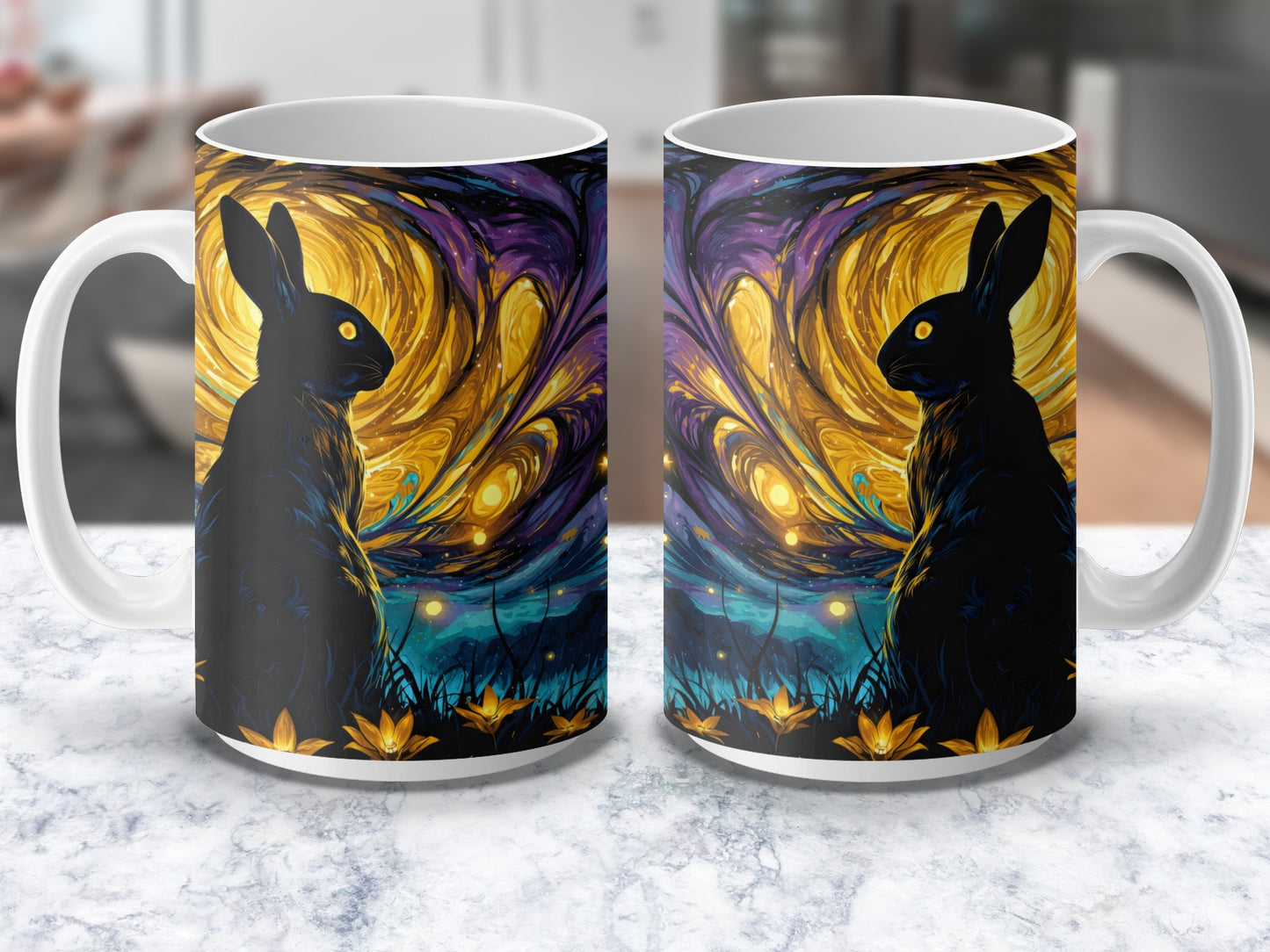 Mystical Black Rabbit Coffee Mug, Cosmic Art Design, Colorful Night Sky, Unique Animal Art Cup