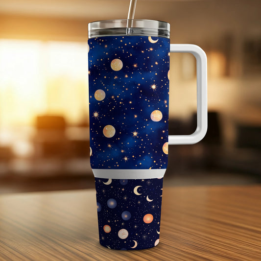 Space Themed Insulated Travel Mug, Blue Starry Sky Tumbler, Stainless Steel Coffee Cup, Astronomical Gifts for Space Lovers.