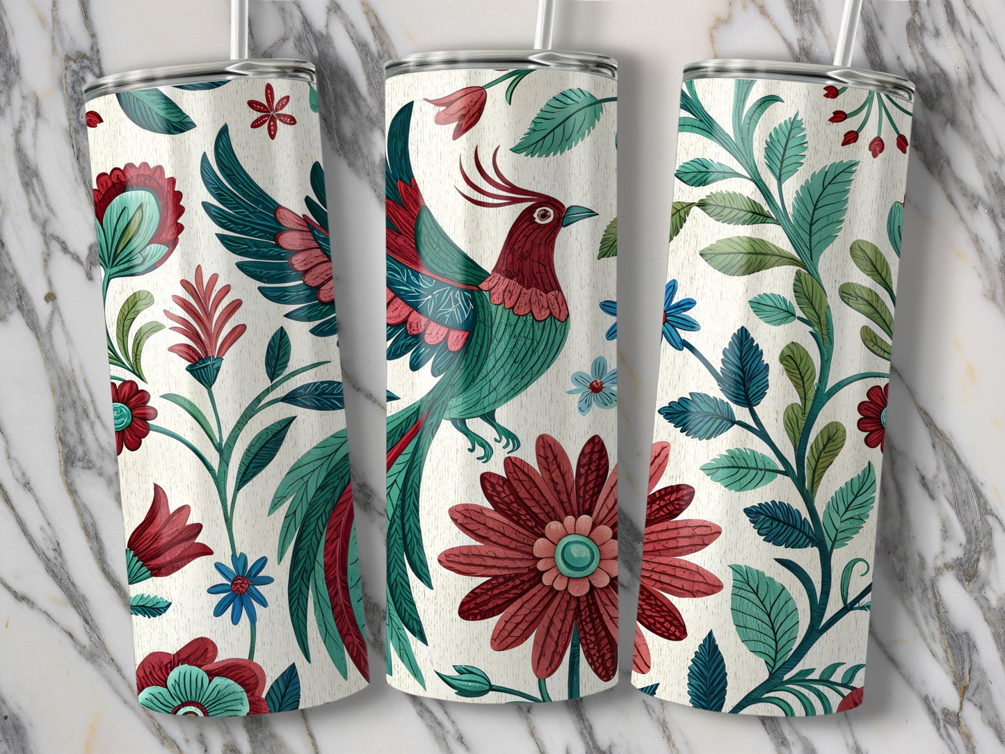 Vibrant Bird and Flower Patterned Tumbler product