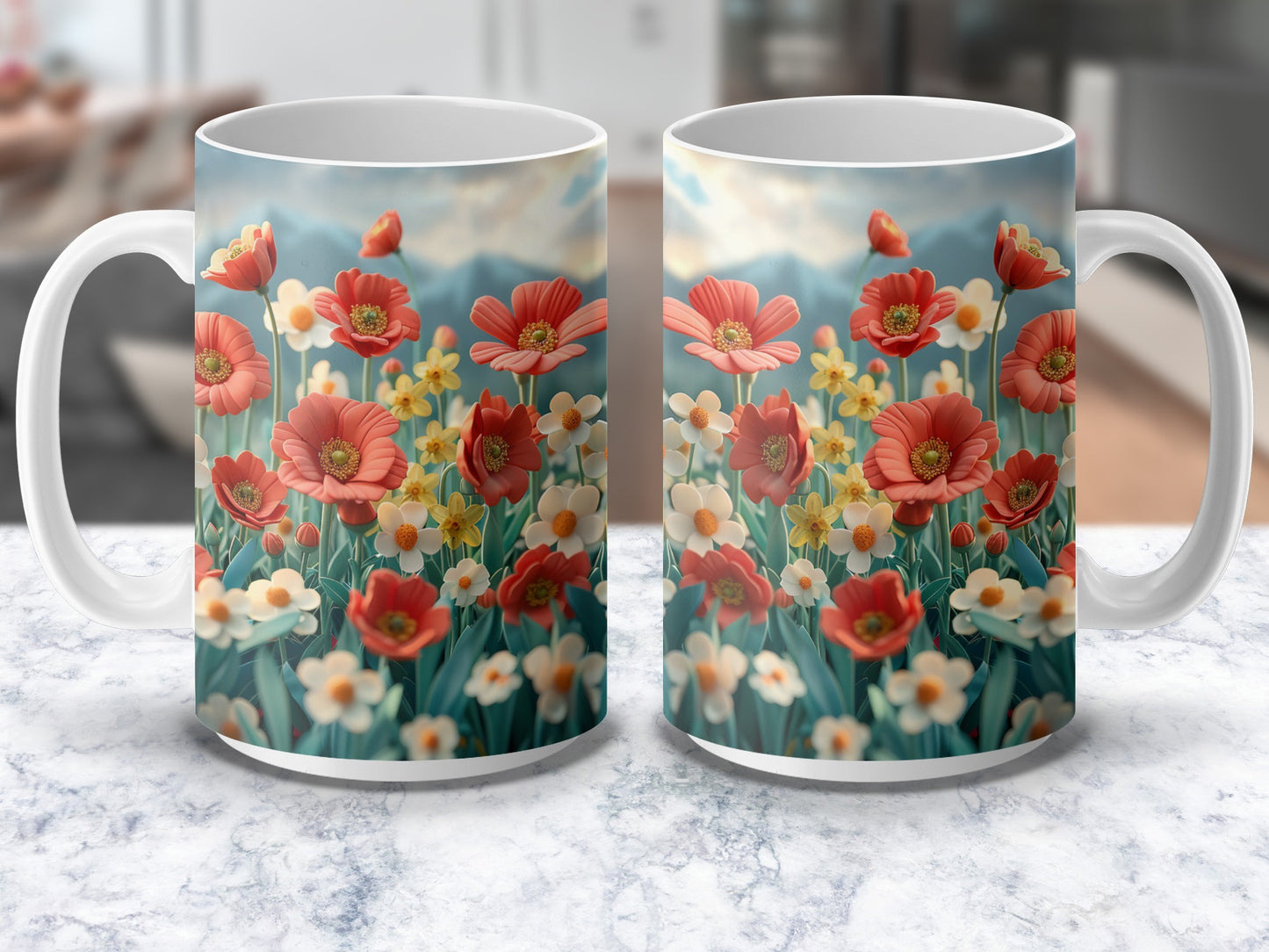 Floral Coffee Mug, Red Poppy and Daisy Print, Vibrant Ceramic Cup for Tea, Garden Flower Design, Gift Idea