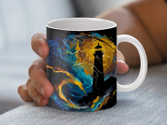 Colorful Abstract Art Coffee Mug, Lighthouse Design, Unique Stormy Sea Pattern, Ceramic Cup