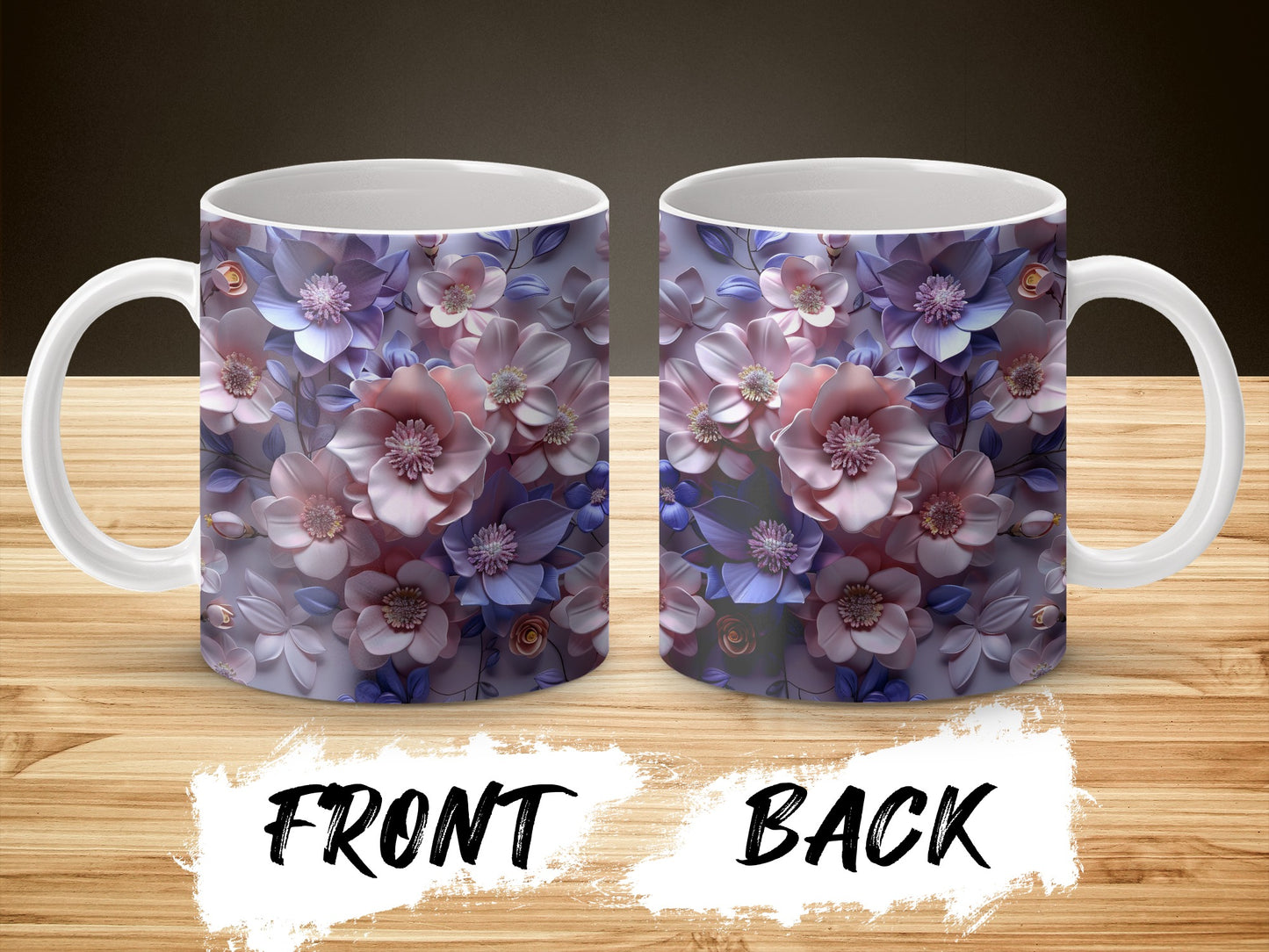 Floral Coffee Mug, Elegant Purple and Blue Flower Design, Ceramic Tea Cup, Front and Back Printed, Gift Idea