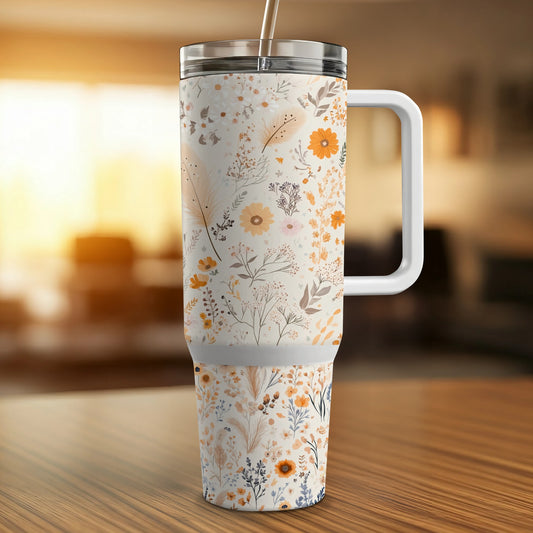 Floral Travel Mug, Insulated Coffee Cup with Handle, Stainless Steel Tumbler with Straws, Elegant Flower Design Drinkware