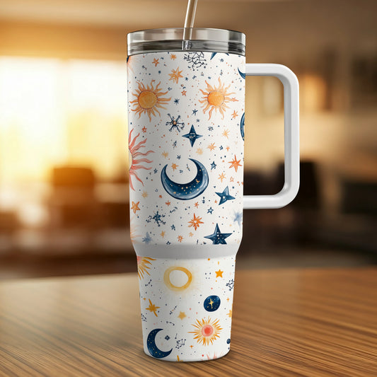 Celestial Pattern Insulated Tumbler, Sun Moon Stars Travel Mug, Unique Astronomical Drinkware, Gift Idea
