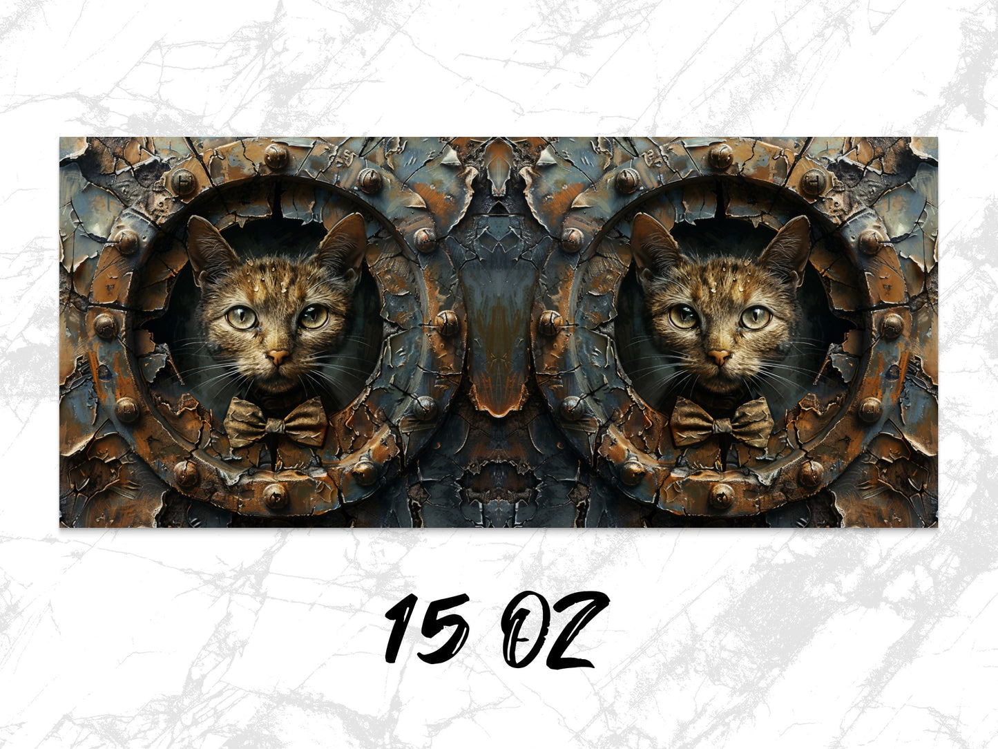 Gothic Cat Art Print, Steampunk Wall Decor, Vintage Cat Portrait, Fantasy Metal Door Artwork, Twin Cats, Unique Home Decor, 15 OZ