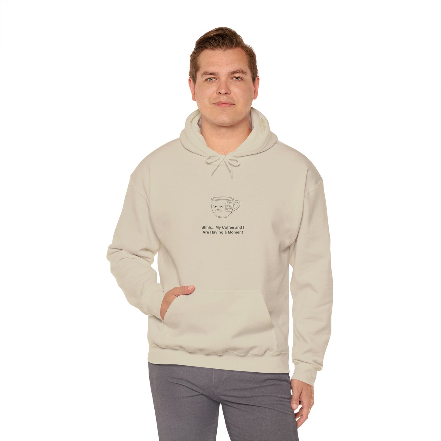 Cream hoodie with a minimalist coffee cup drawing and text.