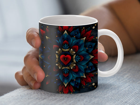 Colorful Mandala Heart Design Coffee Mug, Floral Pattern Ceramic Cup, Unique Gift Idea