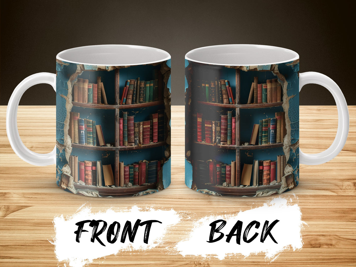 Library Bookshelf Design Coffee Mug, Vintage Book Lover Gift, Reading Themed Ceramic Cup, Front and Back Print