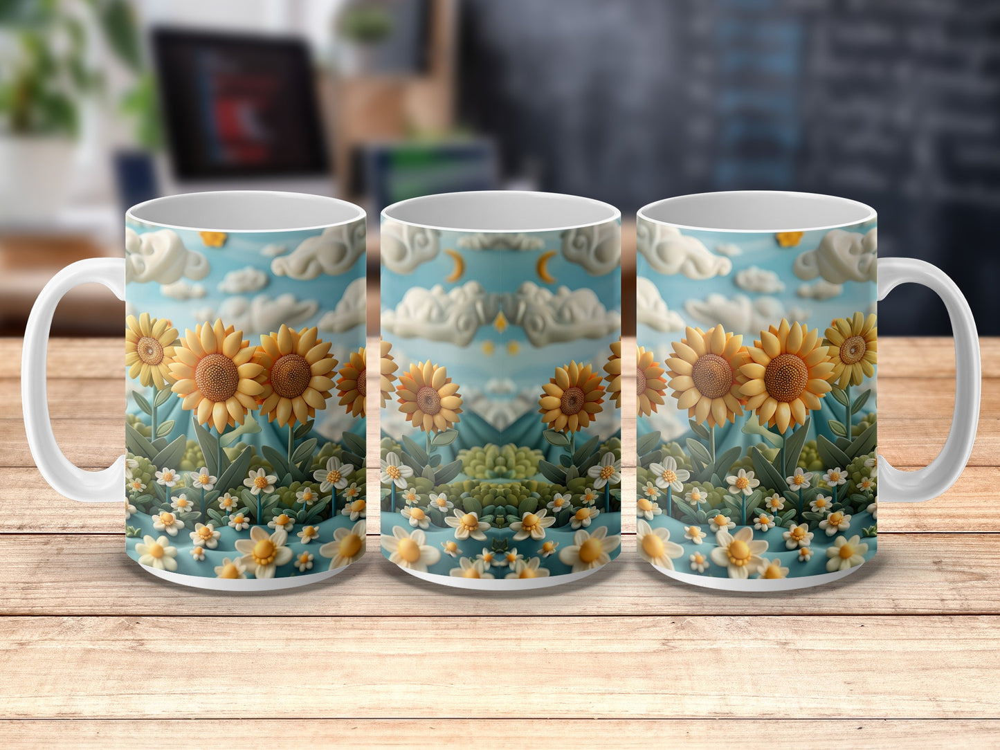 Sunflower and Daisy Pattern Coffee Mug, Colorful Floral Ceramic Cup, Gift Idea