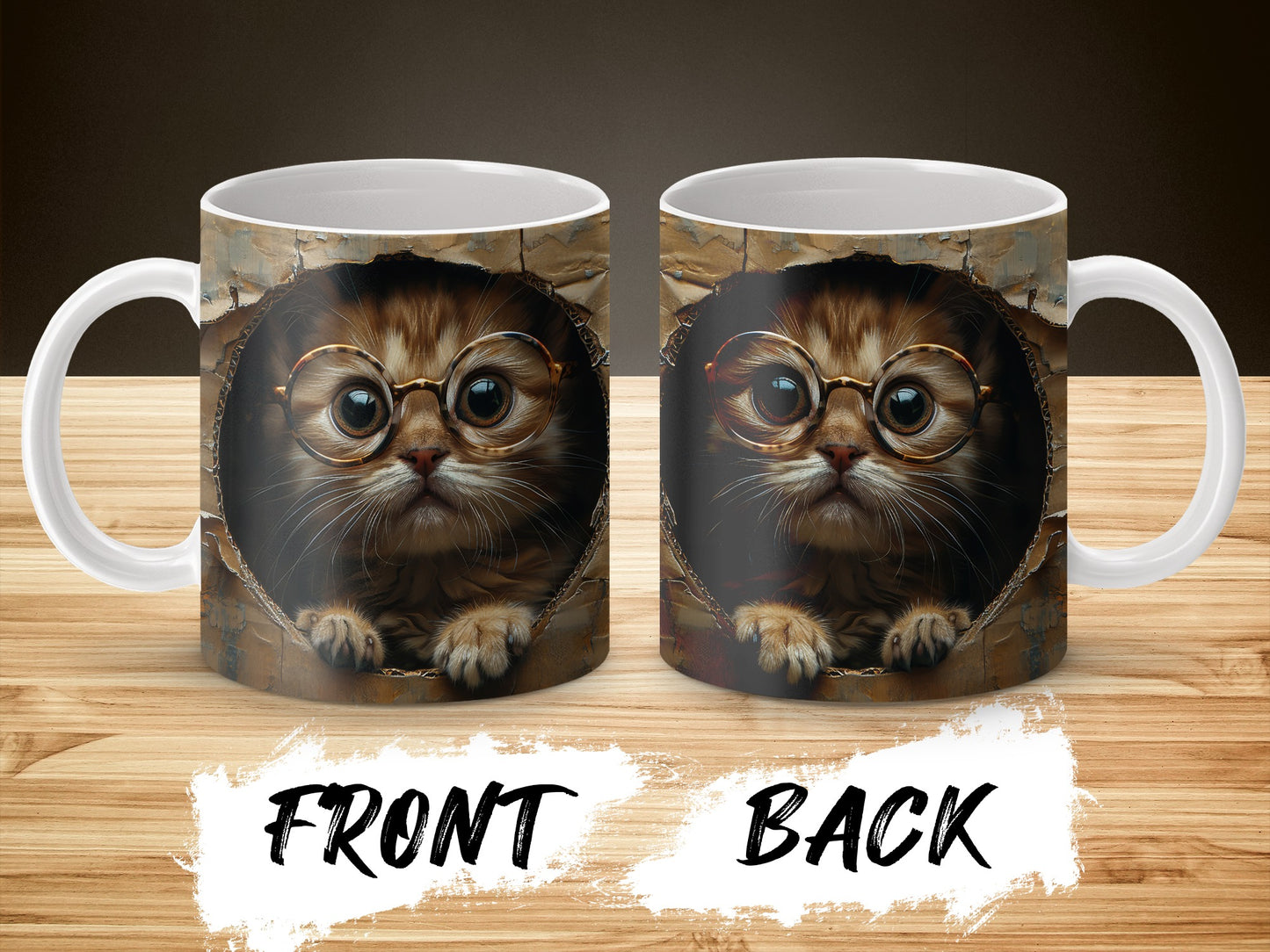 Cute Cat Mug with Glasses, Unique Wood Texture Background, Double-Sided Print Coffee Cup