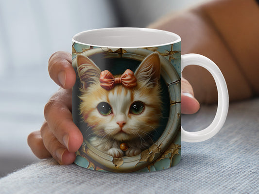 Cute Cat Mug with Bow, Unique Kitty Coffee Cup, Animal Lover Gift, Whimsical Cat Art Mug