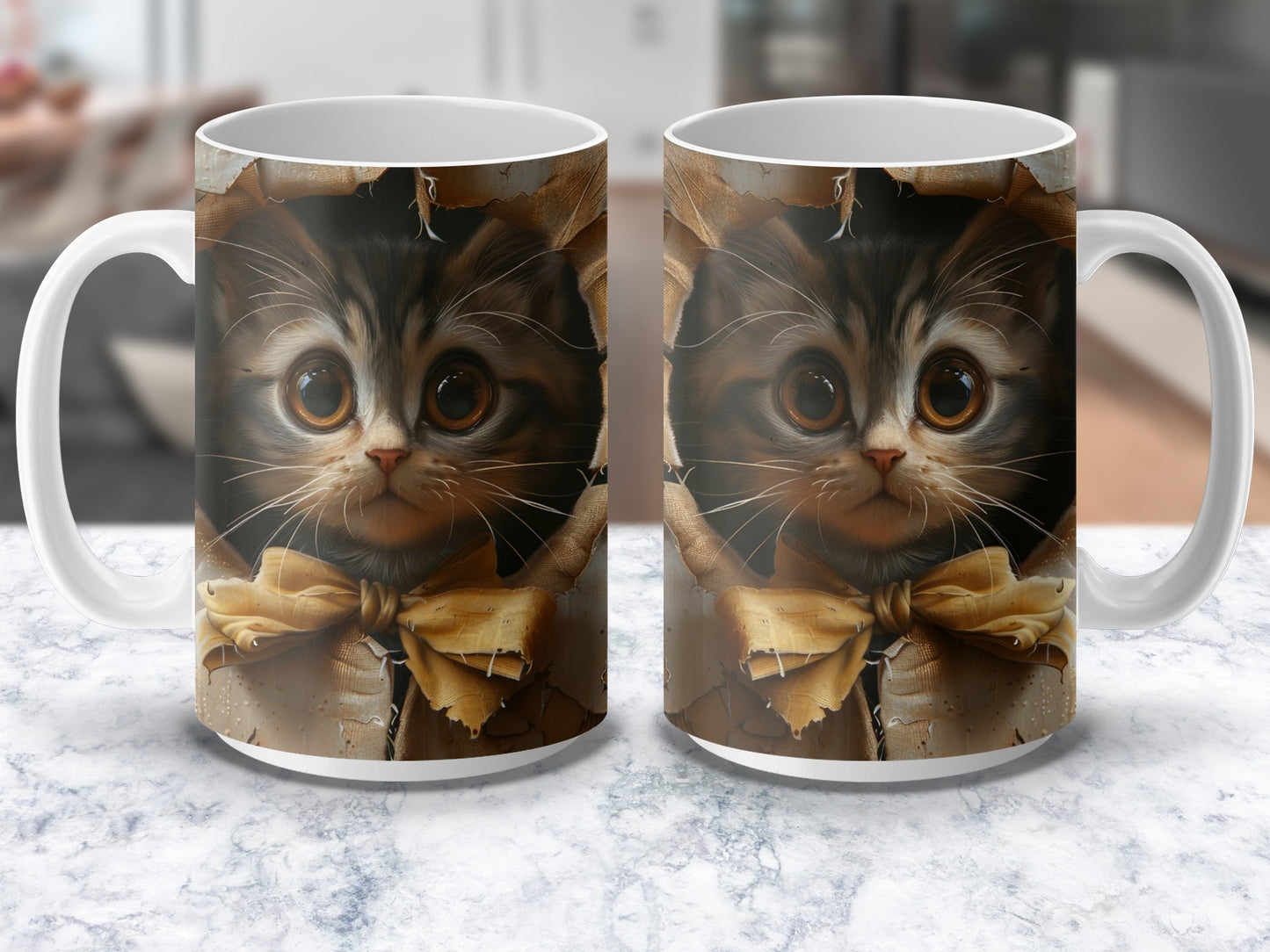Cute Cat Mug, Large Eyed Kitten with Bow Tie, Coffee Cup Gift, Animal Lovers Drinkware
