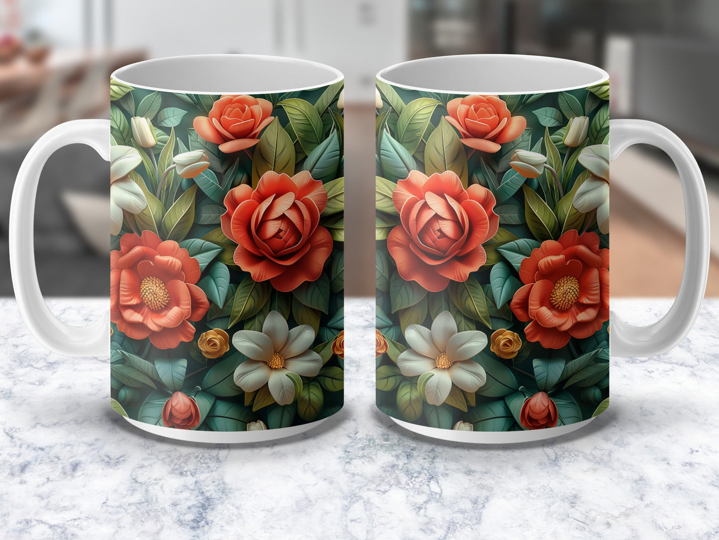 Floral Coffee Mug Set, Vibrant Red and Orange Flower Print, Perfect Gift for Plant Lovers, Decorative Kitchenware