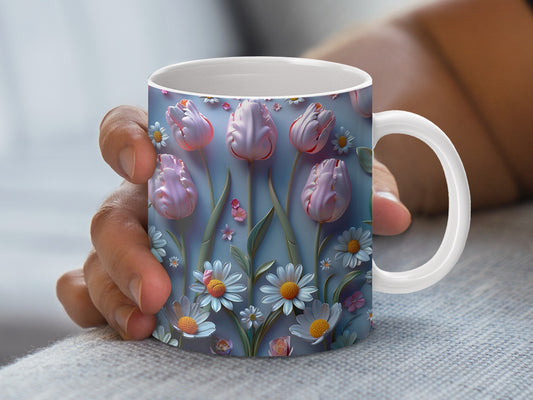 Floral Coffee Mug, Spring Tulip and Daisy Design, Ceramic Tea Cup, Gift for Her, Home Decor, Kitchen Essentials, Bright Pastel Colors