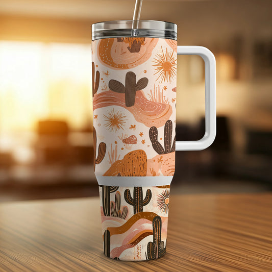 Desert Cactus Pattern Insulated Travel Mug, Stainless Steel Tumbler, Eco-Friendly Coffee Cup with Lid, Unique Gift Idea