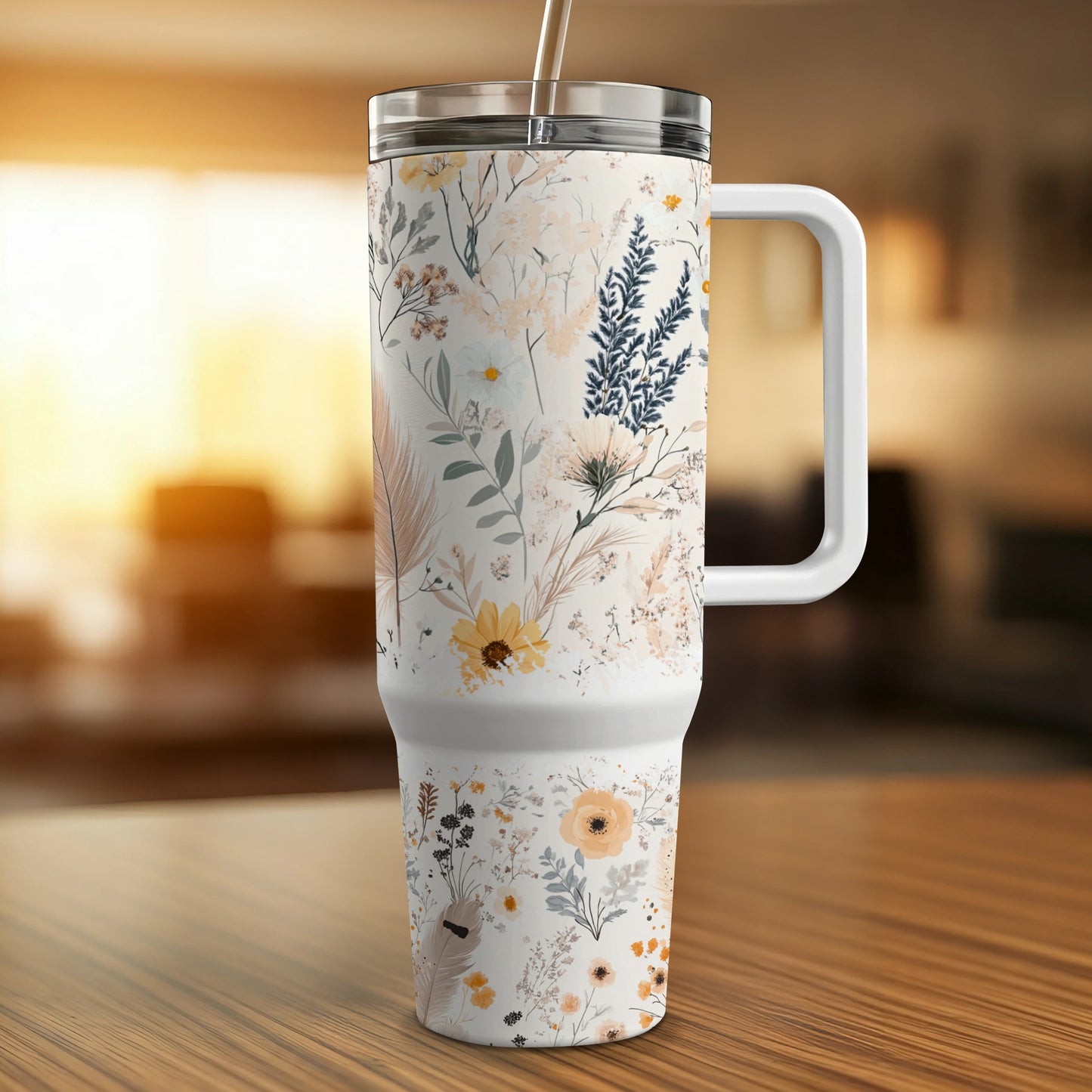 Floral Insulated Tumbler Stainless Steel Travel Mug with Lid, Elegant Botanical Print, Gift for Her