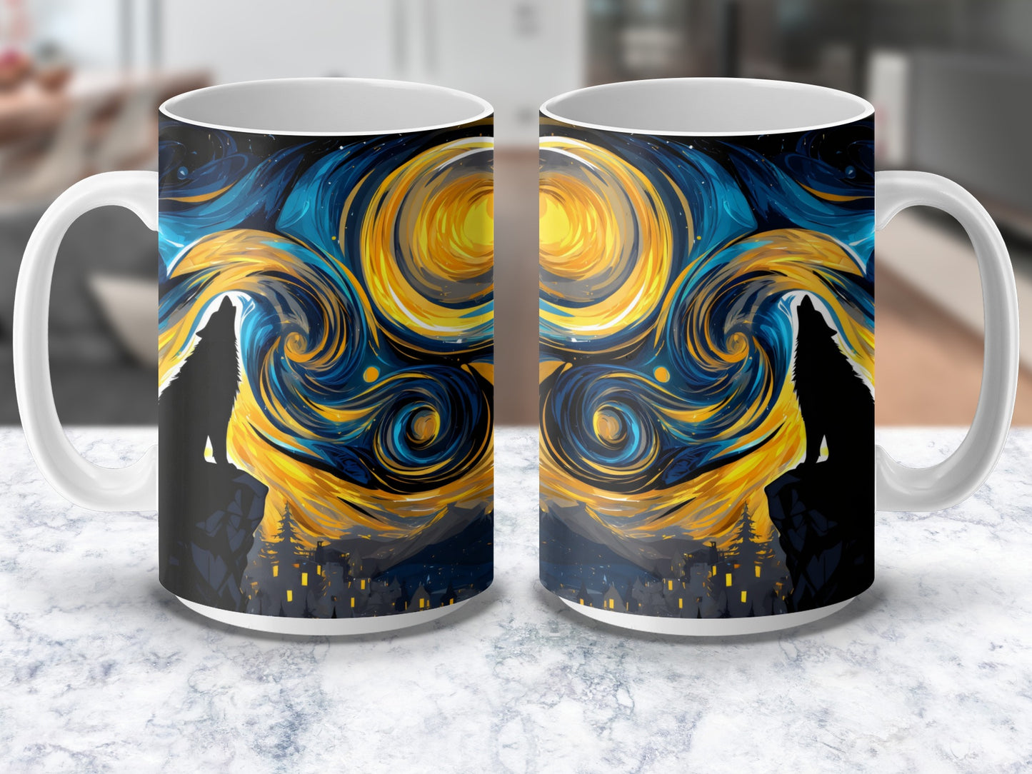 Abstract Art Coffee Mug, Van Gogh Inspired Swirl Design, Blue and Yellow Artistic Cup, Unique Gift Idea
