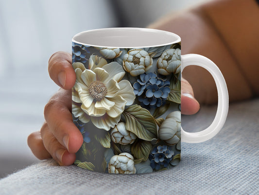 Floral Coffee Mug, Blue and White Flower Print, Ceramic Tea Cup, Elegant Home Decor, Gift for Her