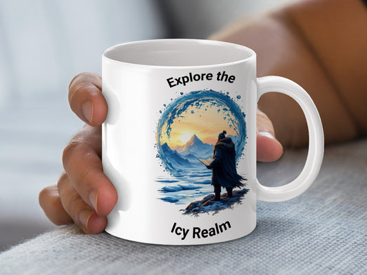Explore the Icy Realm Coffee Mug, Fantasy Art Mug, Winter Landscape Cup, Unique Gift Idea for Fantasy Lovers