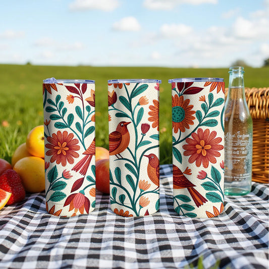Floral Bird Print Insulated Tumbler Beverage Container Product