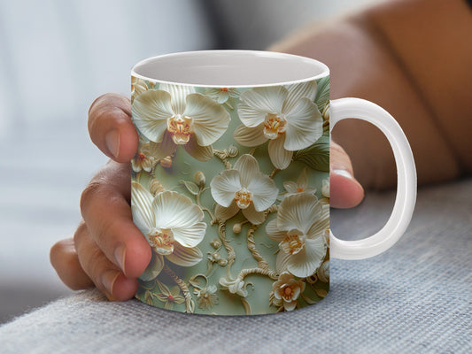 Floral Coffee Mug, Large Orchid Print Ceramic Cup, Elegant Tea Mug, Gift Idea