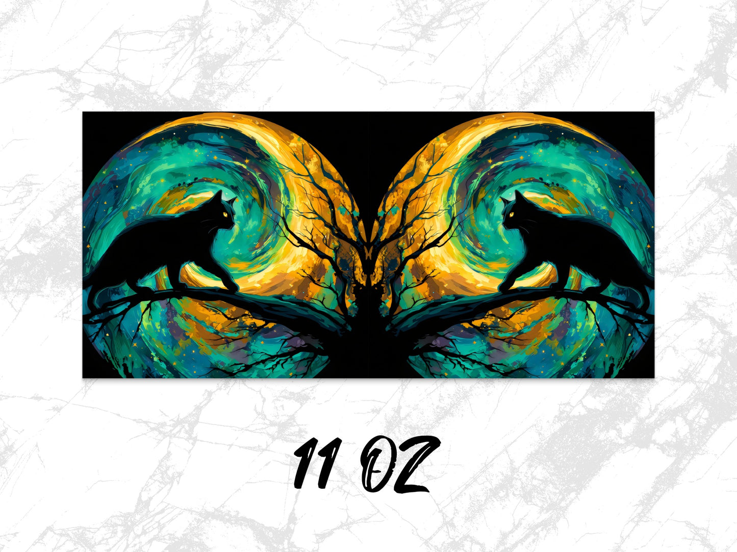 Abstract Cat Art Coffee Mug, Vibrant Teal and Black, Tree Silhouette, 11 oz, Unique Artistic Drinkware, Gift for Cat Lovers