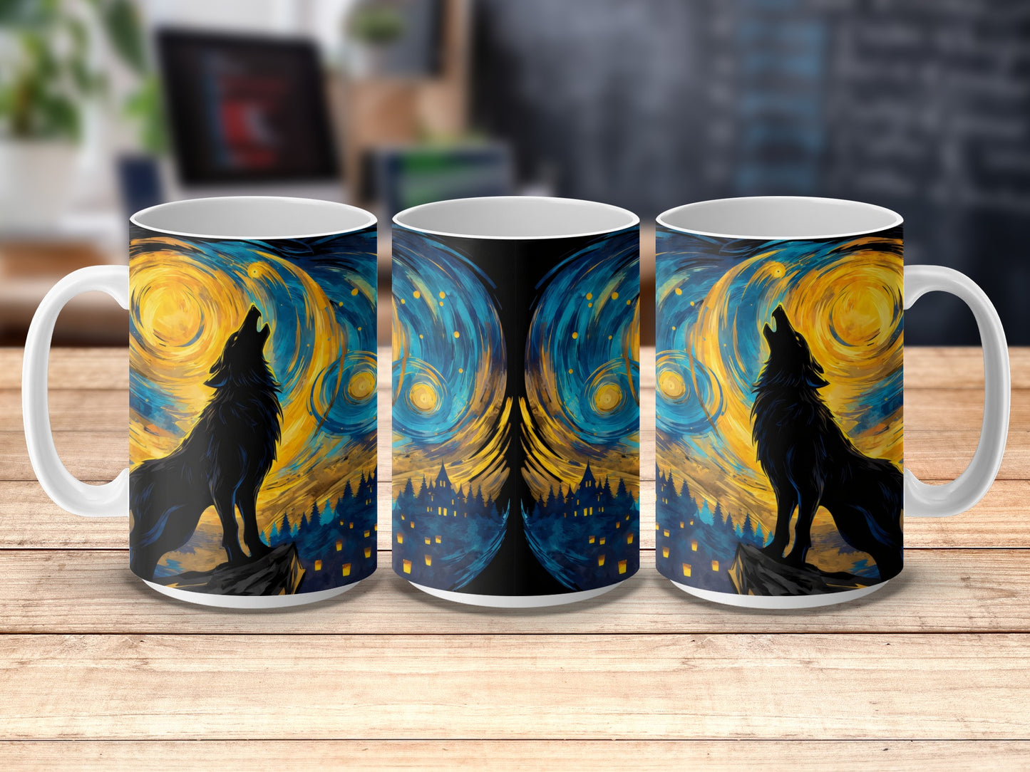 Van Gogh Inspired Starry Night Wolf Silhouette Coffee Mugs, Artistic Drinkware Set of 3