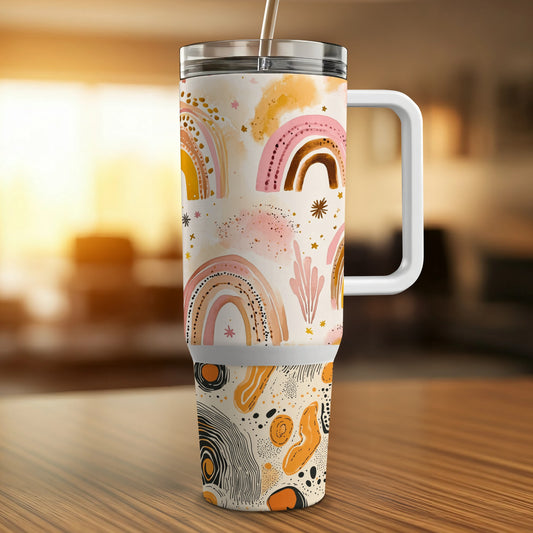 Colorful Rainbow and Stars Insulated Travel Mug, Boho Chic Coffee Tumbler, Unique Gift Idea