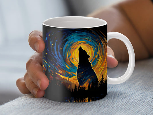 Starry Night Sky and Trees Art Coffee Mug, Vibrant Colors Wolf Silhouette Ceramic Cup