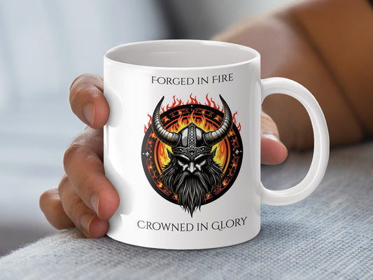Viking Themed Coffee Mug, Forged in Fire, Crowned in Glory, Norse Mythology Gift