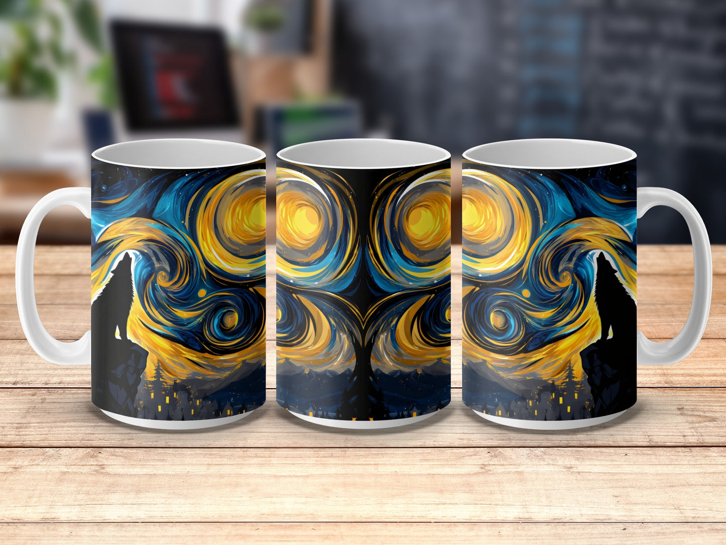 Van Gogh Inspired Starry Night Artistic Mug, Blue and Yellow Swirls, Unique Coffee Cup Gift