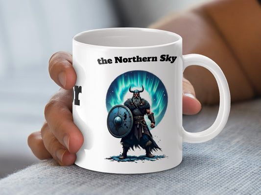 Viking Warrior Coffee Mug, Norse Mythology Inspired Drinkware, The Northern Sky Artwork Cup
