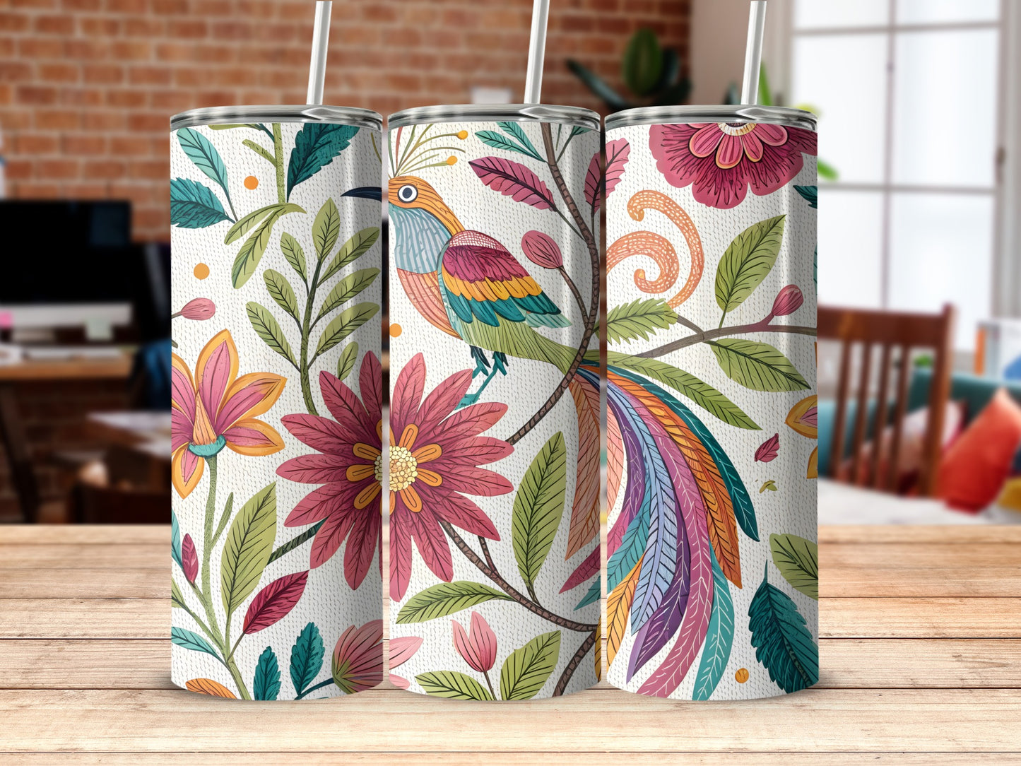 Colorful Floral and Bird Design Insulated Tumbler product