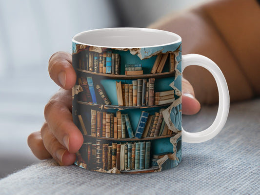 Vintage Library Bookshelf Design Coffee Mug, Classic Book Lover Gift, Ceramic Tea Cup