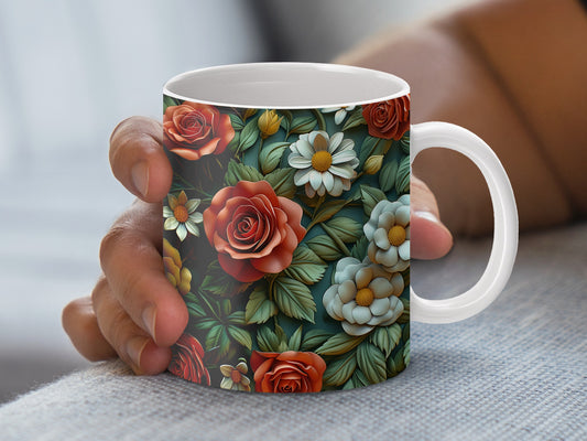 Floral Pattern Coffee Mug, Colorful Roses and Daisies Ceramic Cup, Gift for Garden Lover