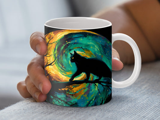 Whimsical Cat Silhouette Mug, Moonlit Night Art Coffee Cup, Unique Colorful Tree Design Drinkware
