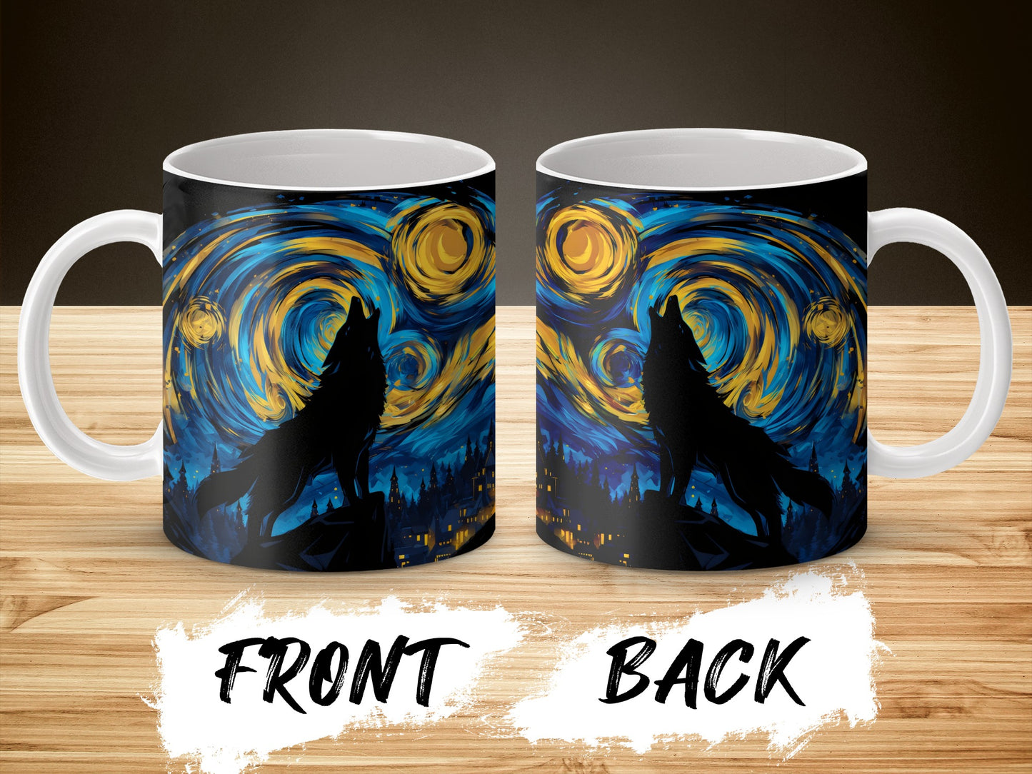 Starry Night Wolf Howling Design Coffee Mug, Artistic Full Moon Ceramic Cup