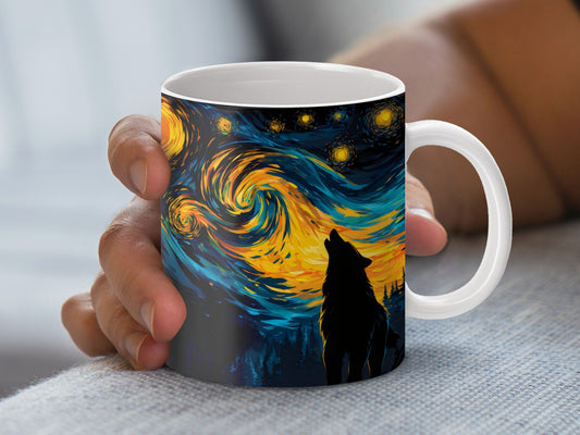 Starry Night Wolf Coffee Mug, Van Gogh Inspired Artistic Drinkware, Unique Gift Idea, 11 oz Ceramic Mug