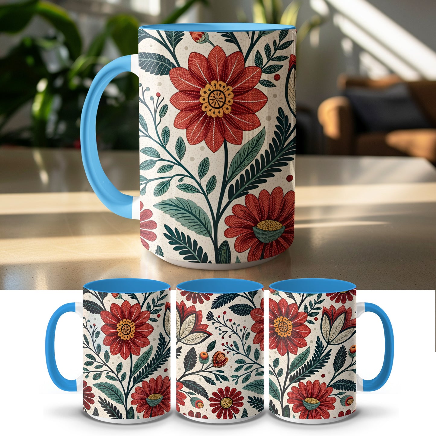 Floral and Leaf Pattern Blue Handle Mug product