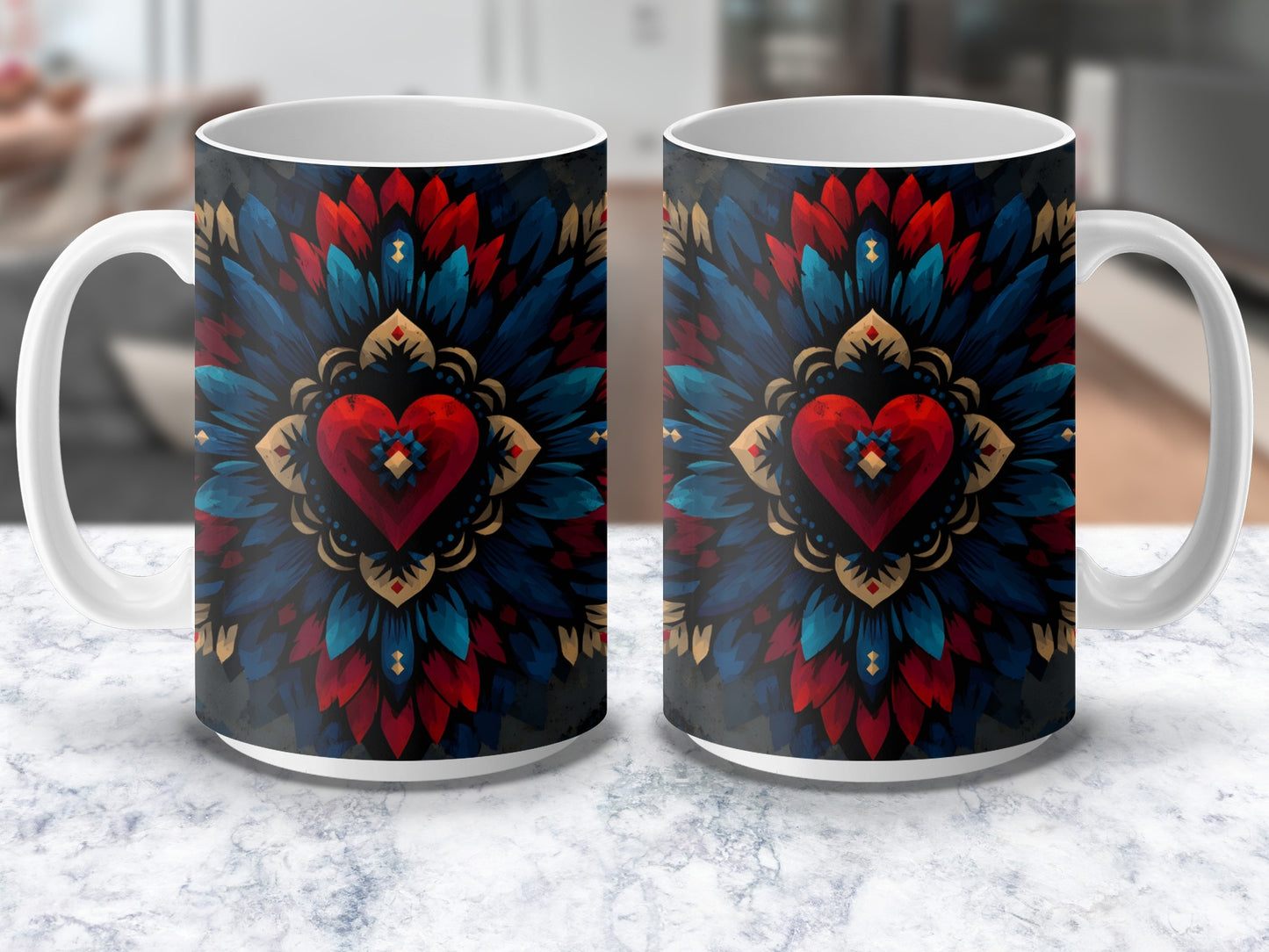Colorful Mandala Heart Design Coffee Mug, Bohemian Style Ceramic Cup, Unique Gift Idea