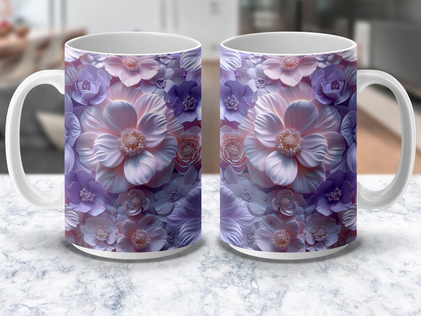 Floral Coffee Mugs, Purple Flower Print, Elegant Tea Cups, Gift for Her, Set of 2, Kitchen Decor