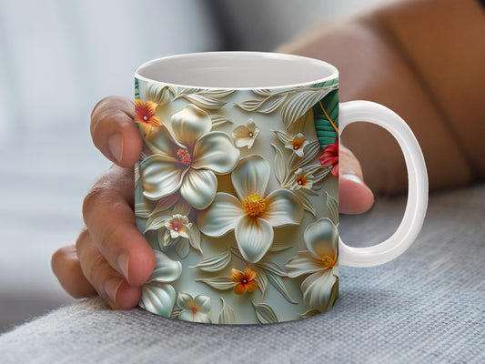 Floral Ceramic Mug, Elegant White and Orange Flower Design, Coffee Cup, Tea Mug, Gift Idea