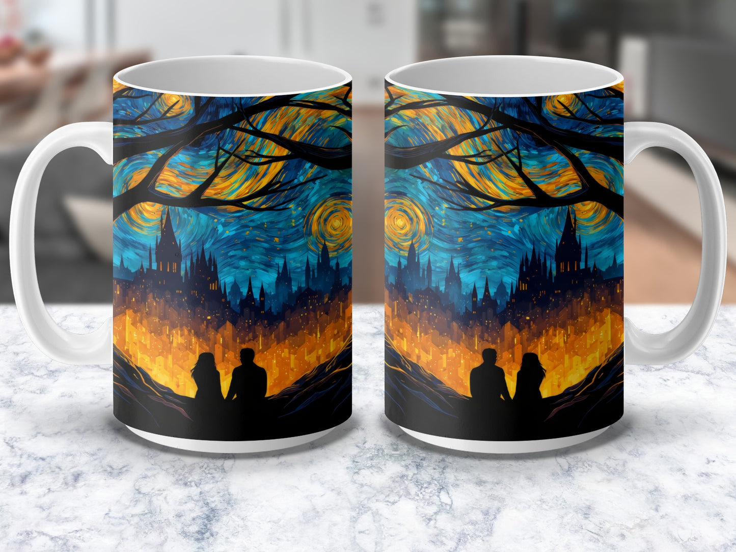 Van Gogh Starry Night Inspired Coffee Mug, Romantic Silhouette Artistic Ceramic Cup for Gift