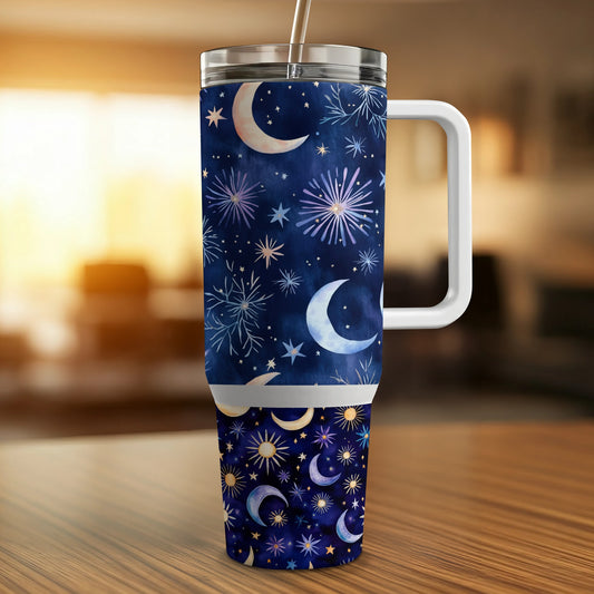 Celestial Pattern Stainless Steel Tumbler, Insulated Coffee Mug with Lid, Navy Blue Moon and Stars Design, Travel Cup 20 oz